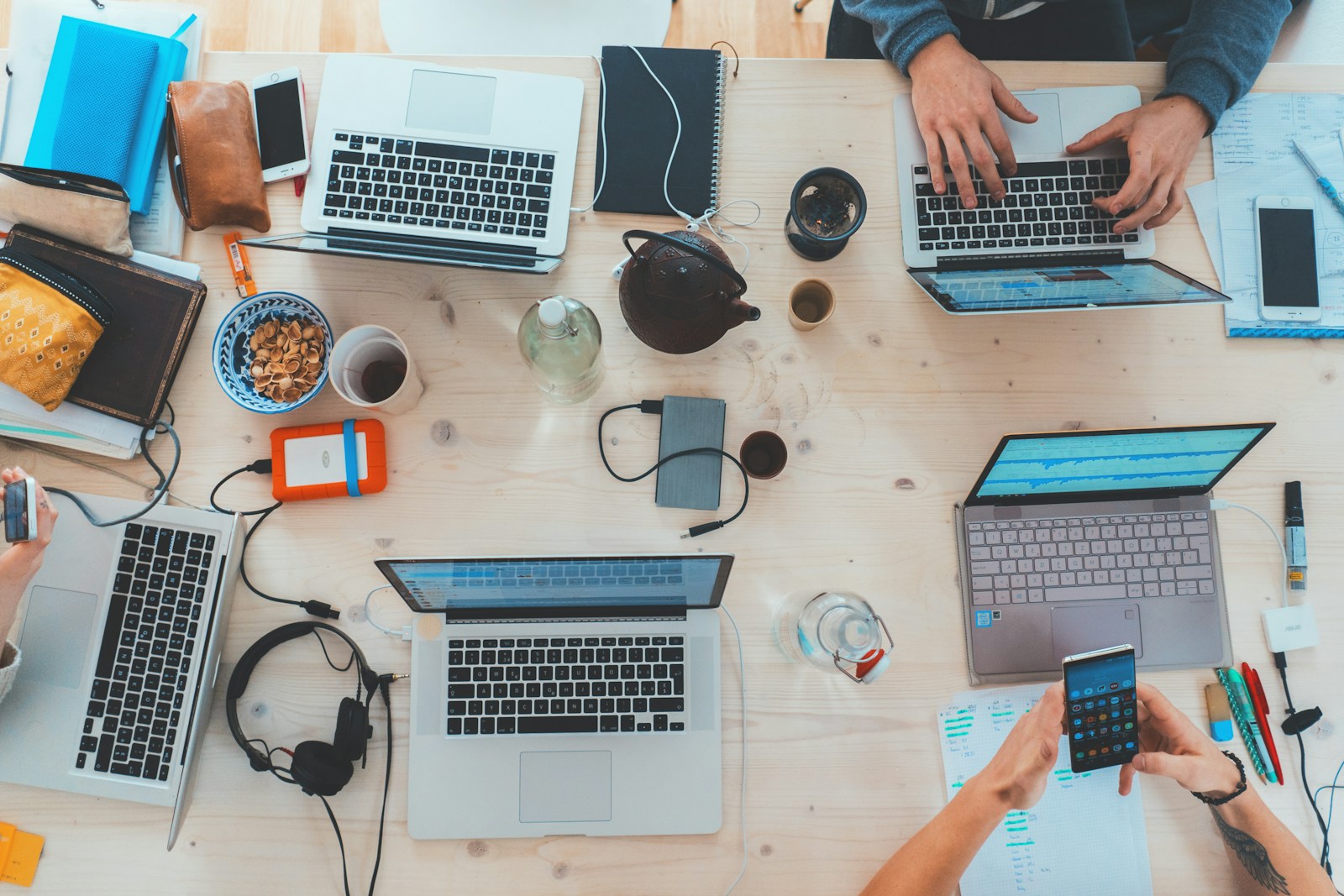 Software team collaborating in a modern workspace
